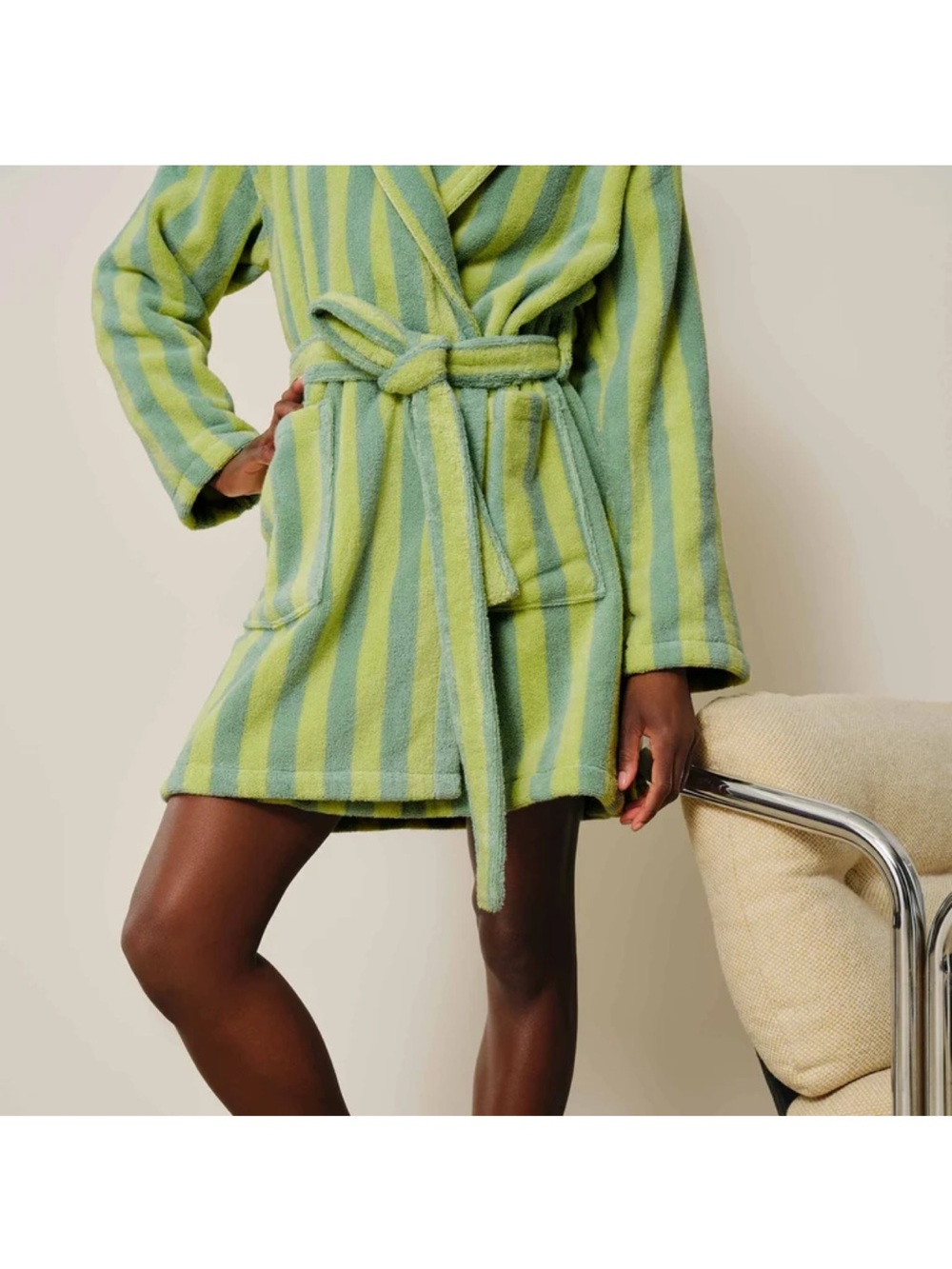 Brooklinen Striped Plush Robe in Lime & Sage